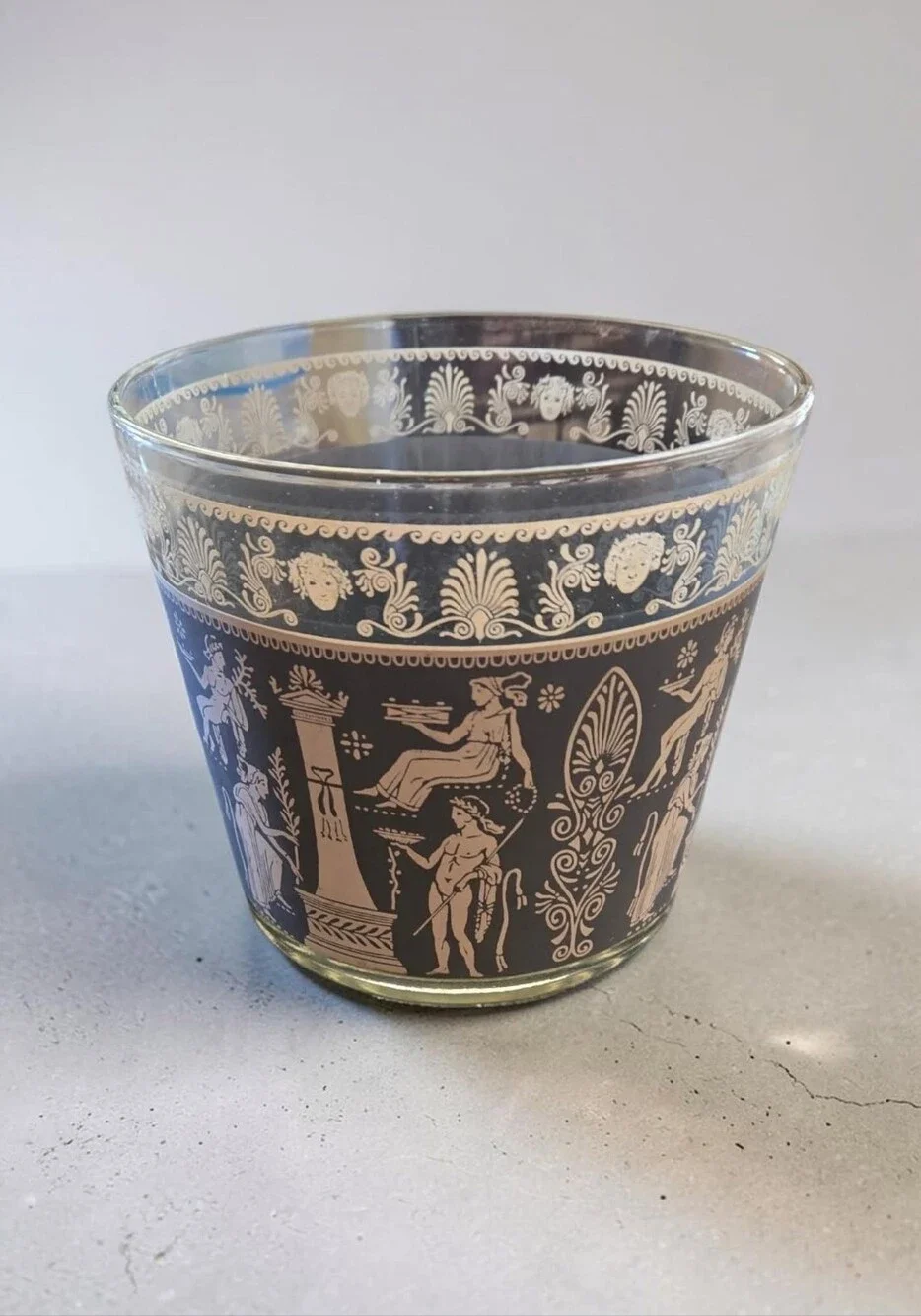 Ice Bucket Jeanette Glass Corinthian Blue Grecian Faux-Jasperware MCM KITCHY